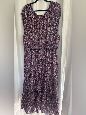 Old Navy Dark Ditsy Pink Purple Floral Cotton Blend Maxi Dress Milkmaid Boho